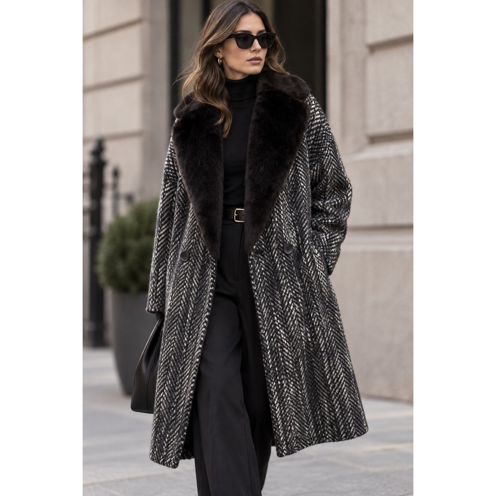 H&M Double-Breasted Long Coat 8 Faux Fur Collar Tweed Wool Blend Quiet Luxury